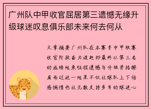 广州队中甲收官屈居第三遗憾无缘升级球迷叹息俱乐部未来何去何从